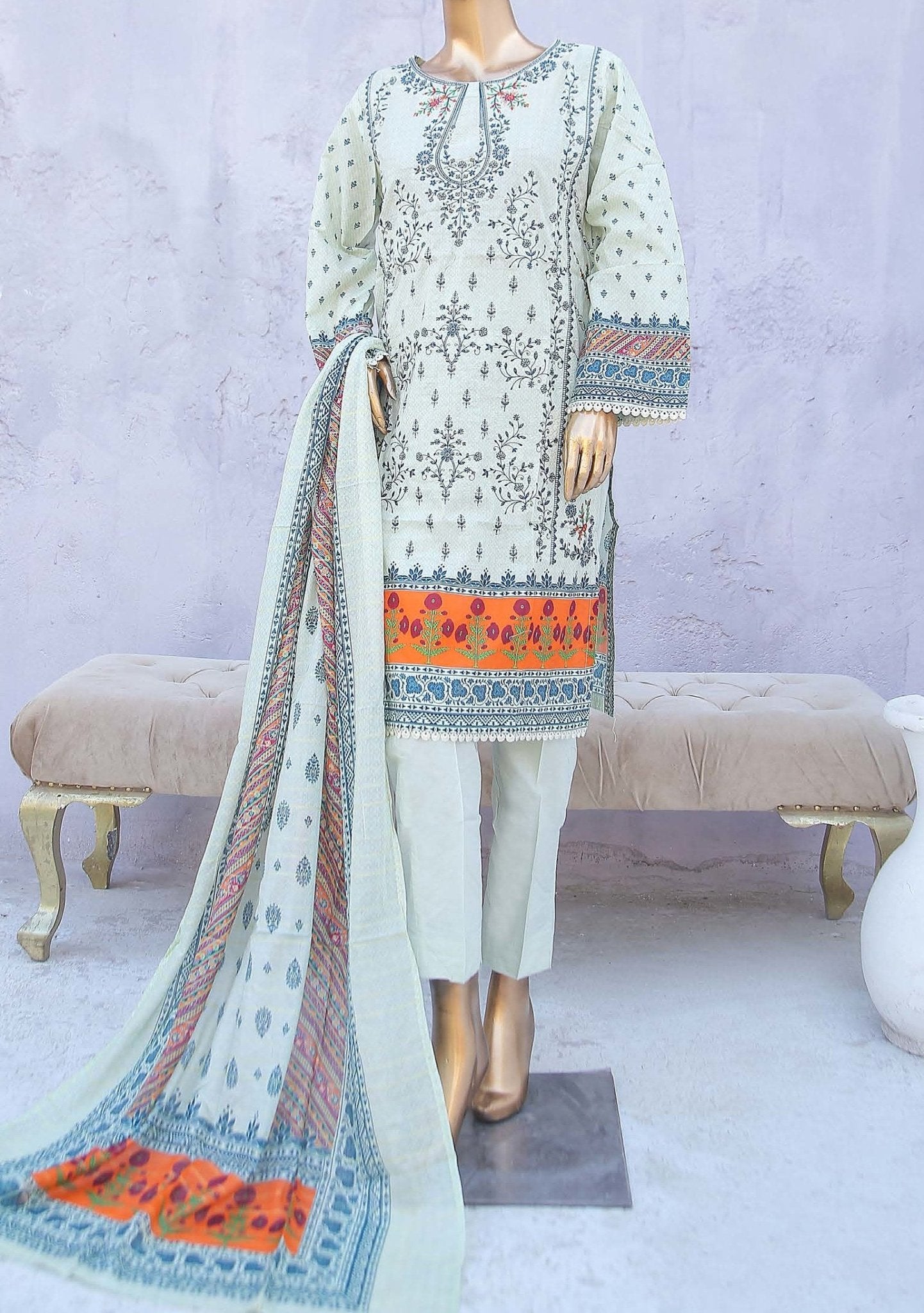 Bin Saeed unstitched off white and navy blue embroidered main image 1