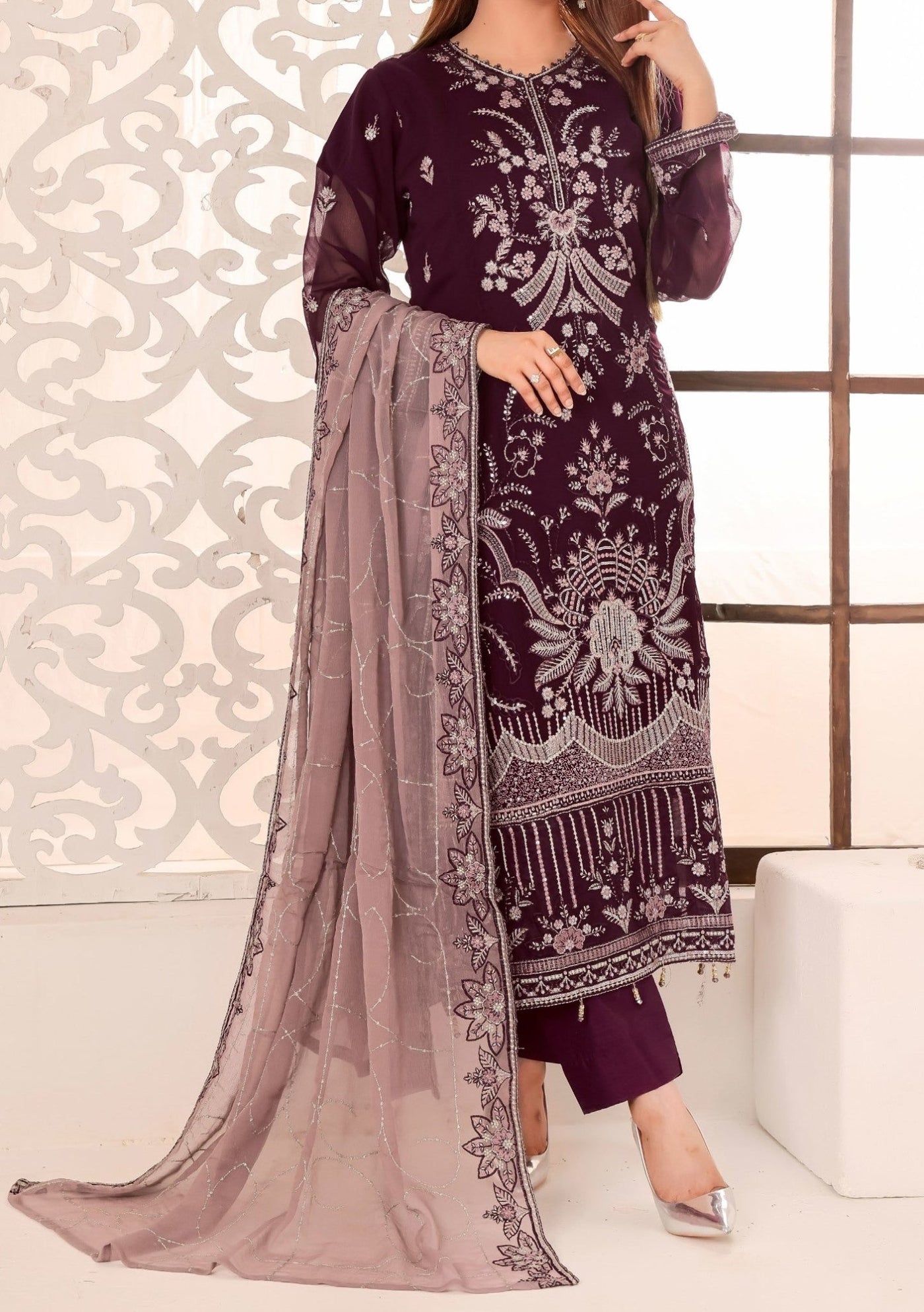 Bin Hameed Maah Rang Heavy Embroidered Chiffon Dress - db26026