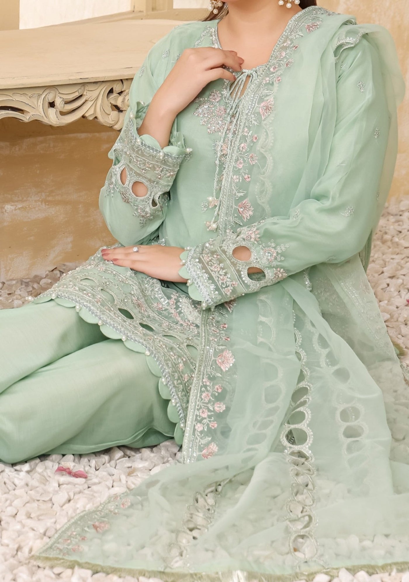 Bint - E - Noor Rania Embroidered Organza Dress - db29664