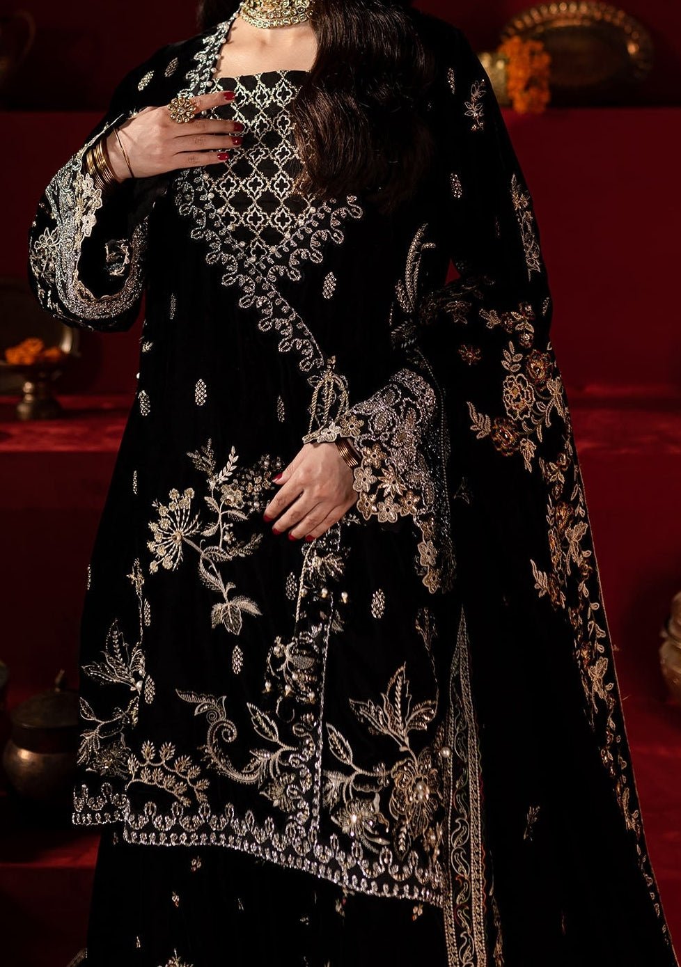 Nureh Embroidered Pakistani Luxury Velvet Dress - db27474