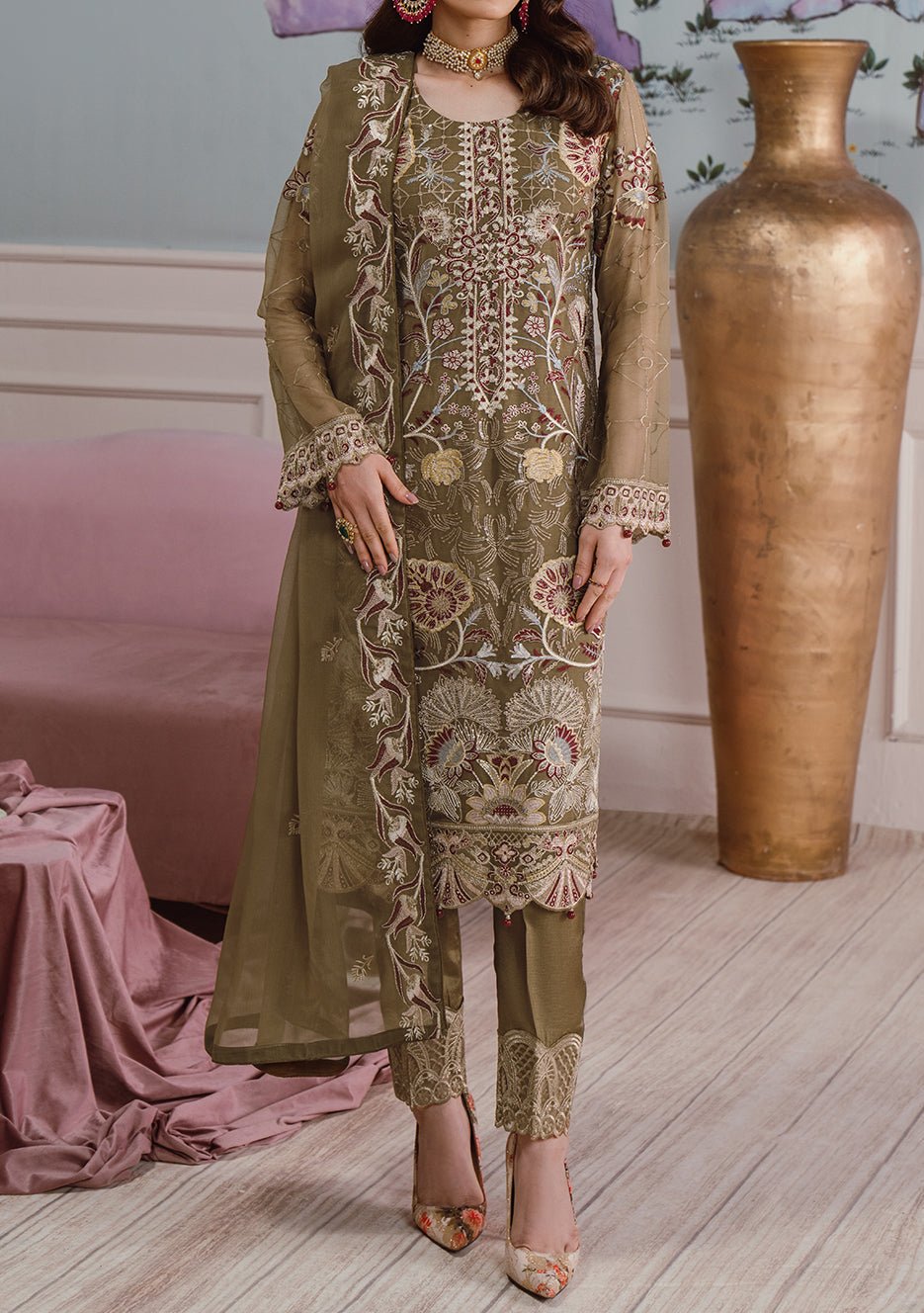 Ramsha Pakistani Embroidered Chiffon Dress - db30155