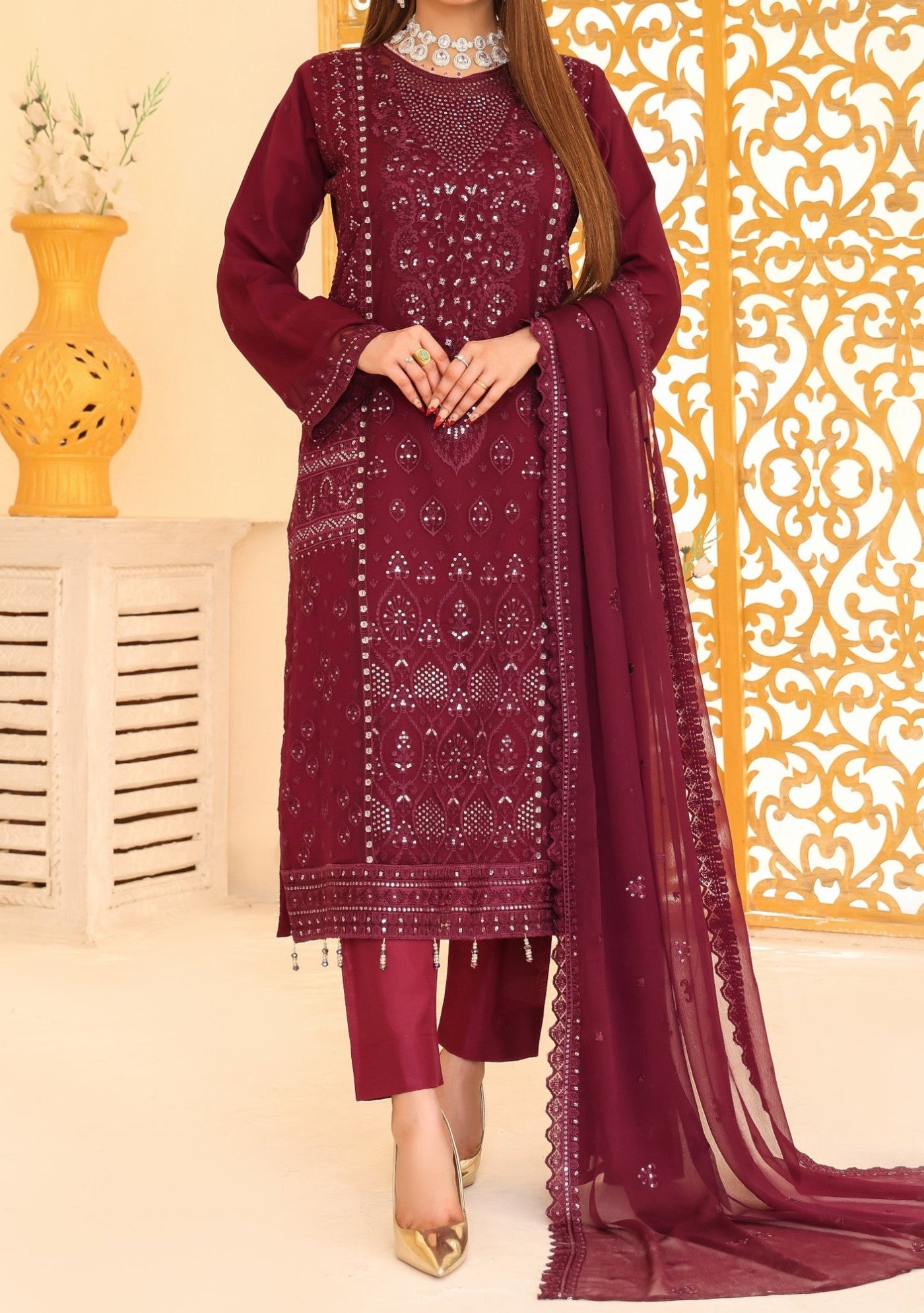 Bin Hameed Ready Made Heavy Embroidered Chiffon Dress - db24674