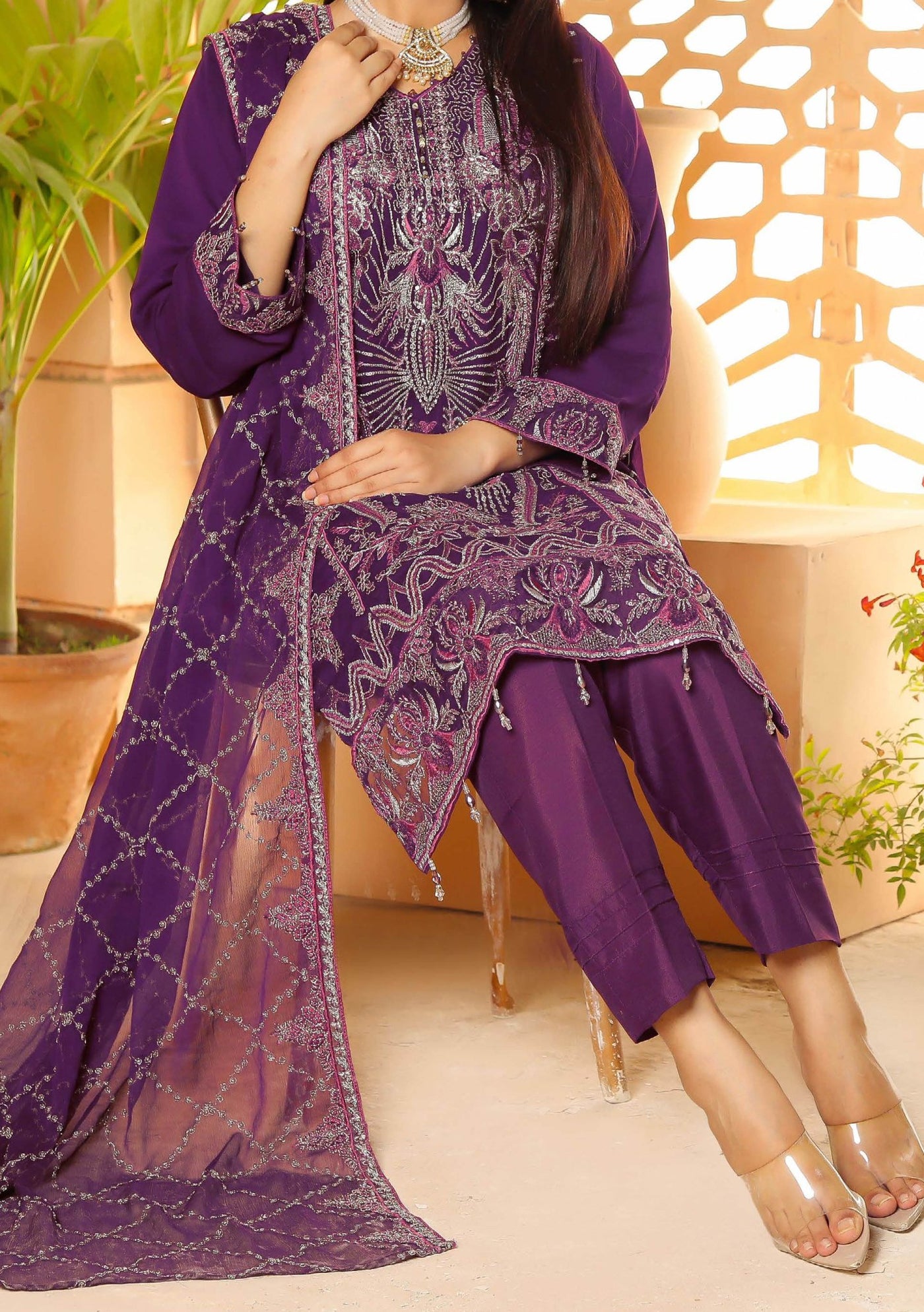 Bin Hameed Ready Made Heavy Embroidered Chiffon Dress - db24575