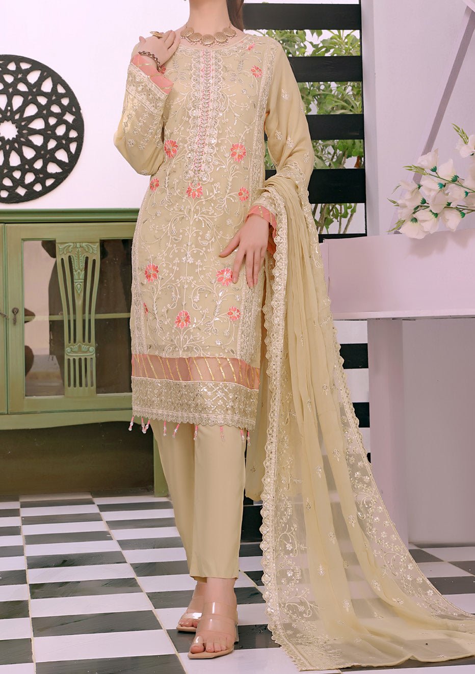 Bin Hameed Ready Made Heavy Embroidered Chiffon Dress - db24550