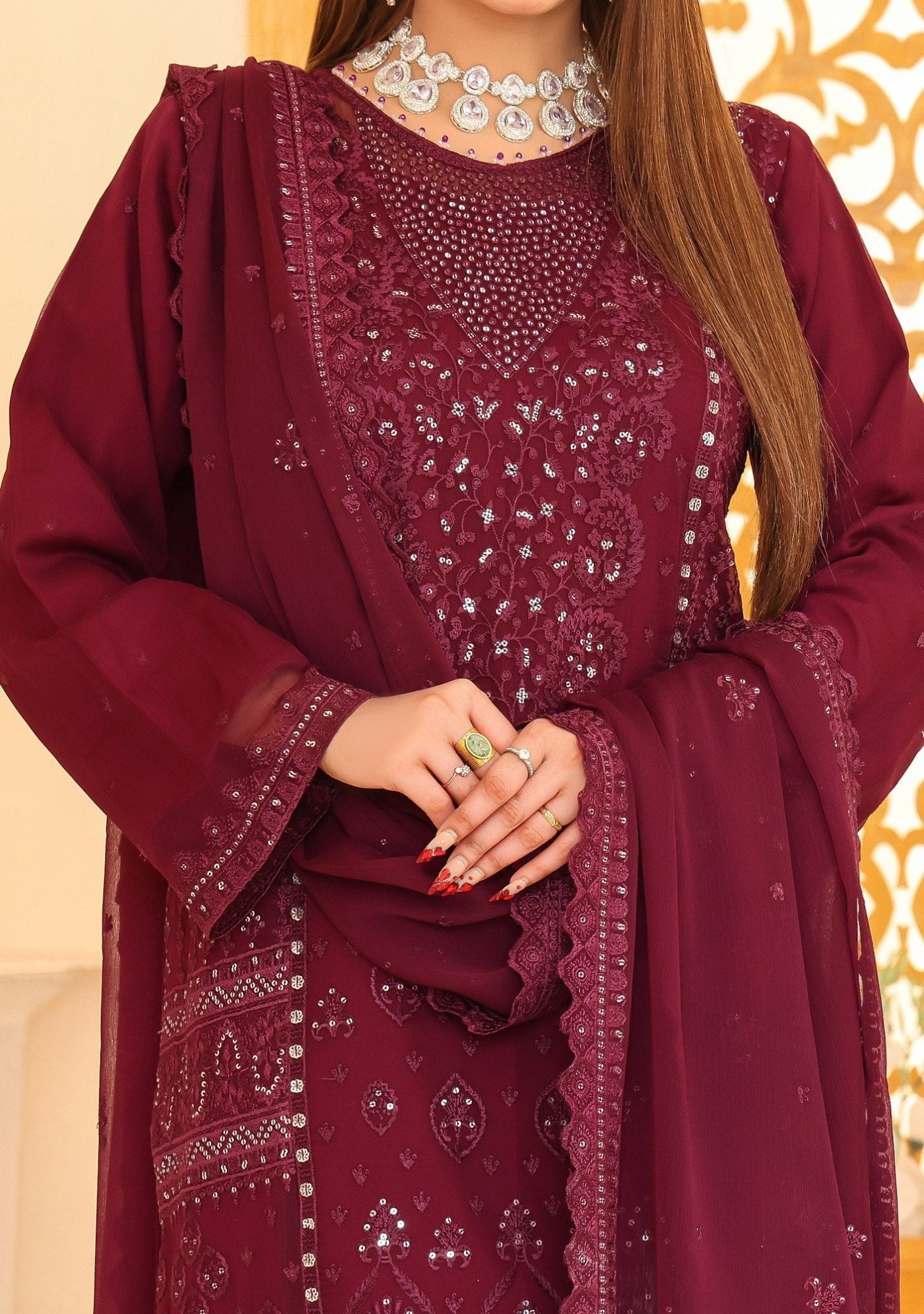 Bin Hameed Ready Made Heavy Embroidered Chiffon Dress - db24674