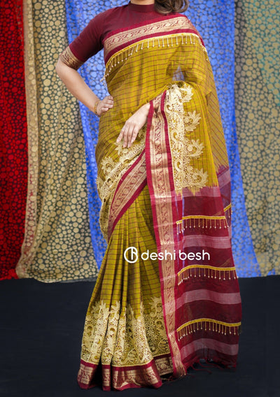 Boutique Designer Block Printed Maslais Cotton Saree: Deshi Besh.