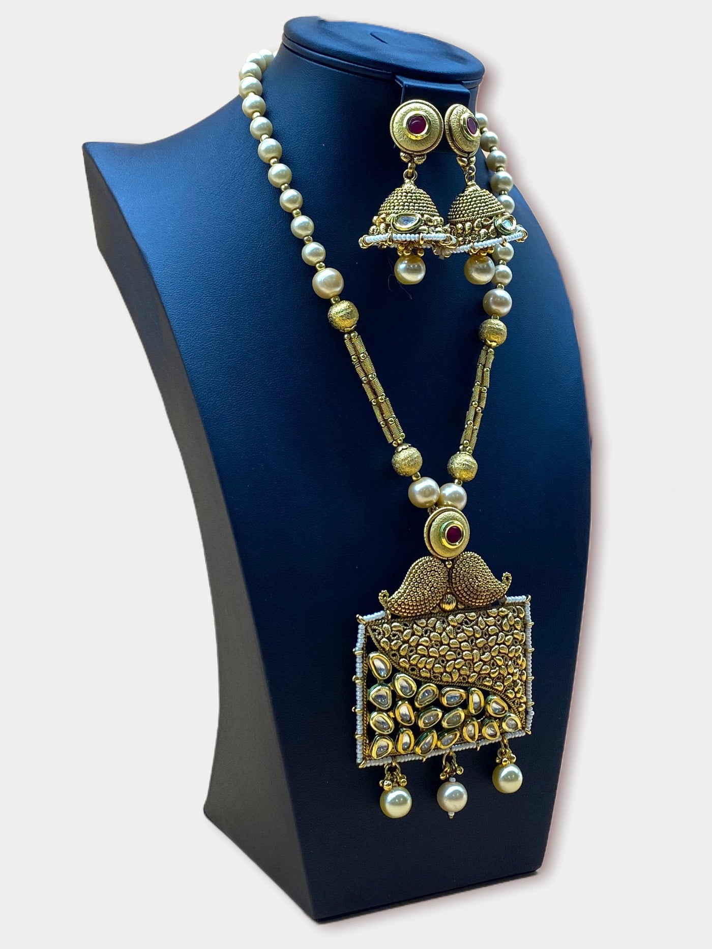Gold Plated Pearl Stone Work Necklace Set - dba009