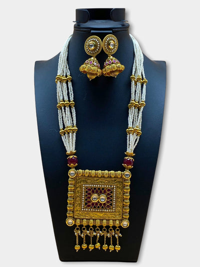 Gold Plated Pearl Stone Work Necklace Set - dba010